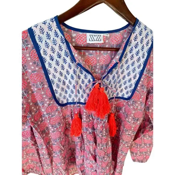 SZ Block Prints Tunic Top with Tassel Accents Red Size Medium Made in India Boho - Picture 4 of 9